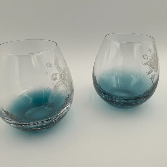 Set of 2 Sea Turtle Stemless Wine Glasses Crackle Glass EUC - Picture 6 of 7